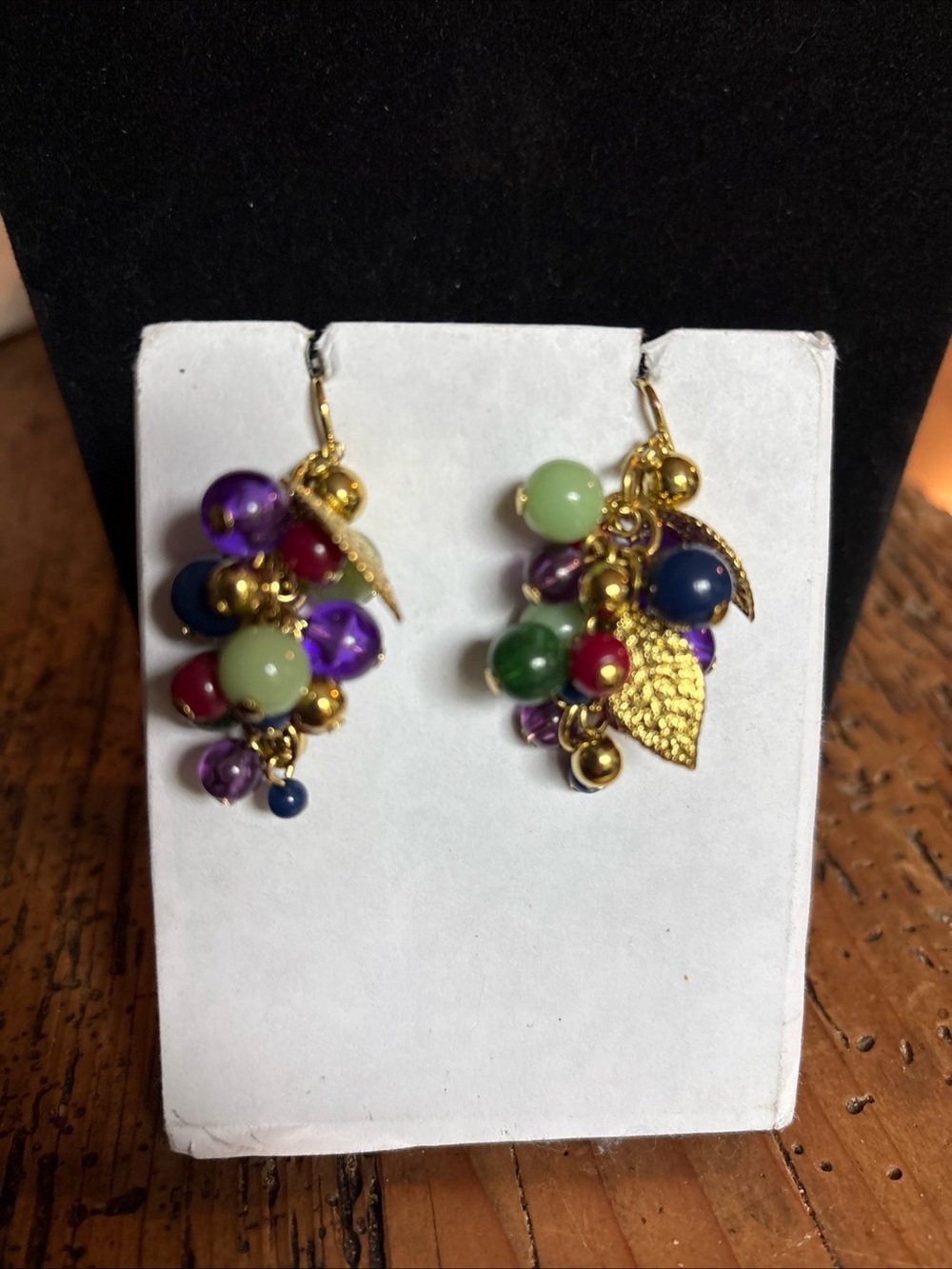 Avon Gold-Tone Cluster Drop clip onEarrings with Purple, Green, Navy & Red Beads